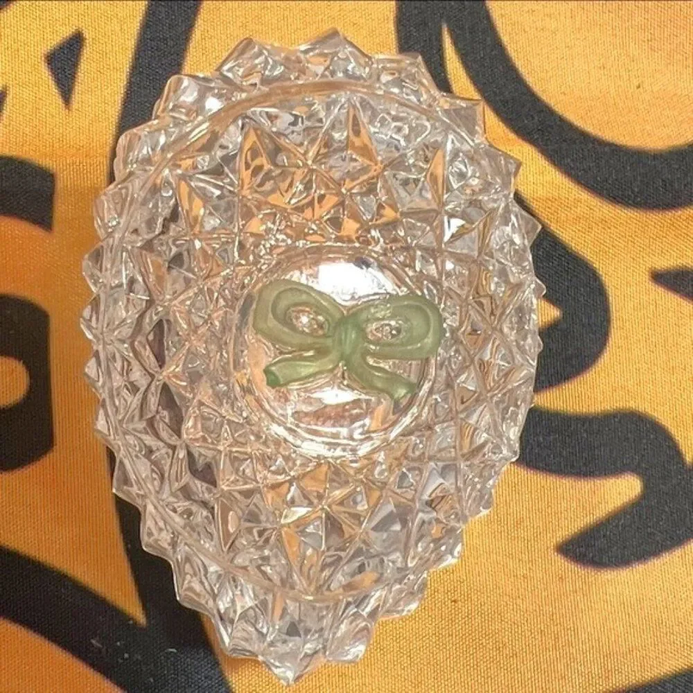 Vintage Enesco Crystal Egg with Green Bow Accent